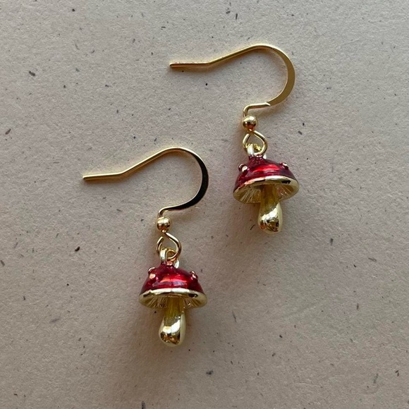 Gold Mushroom Charm Dangle Earrings - Picture 3 of 6